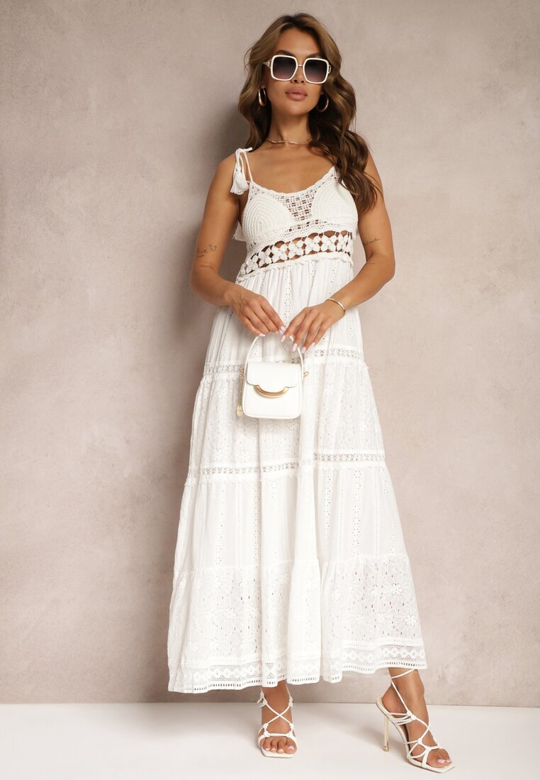rosa Rochie Croșetată Albă Maxi cu Broderie Decorativă și Volan Eshade