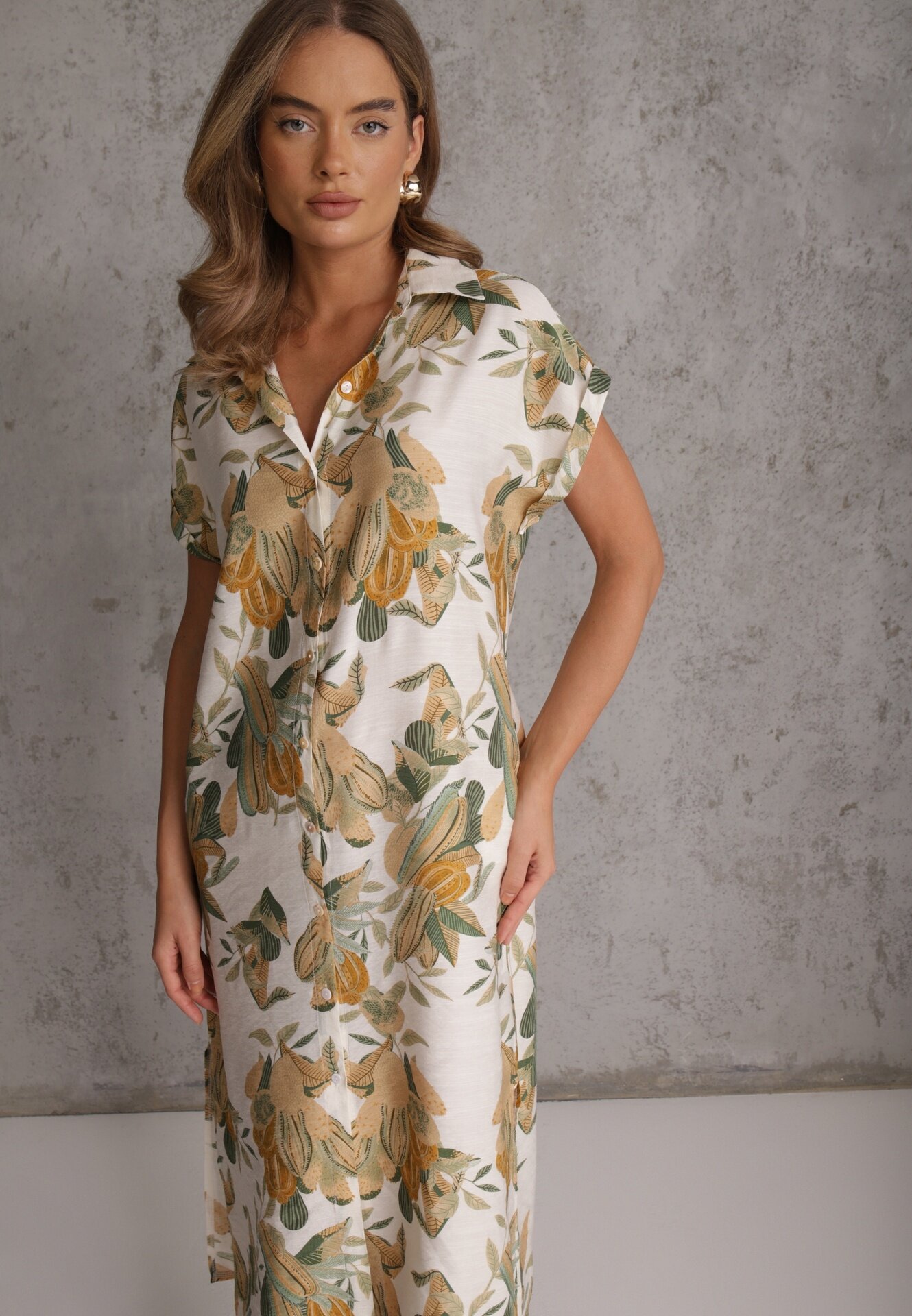 rosa Rochie cu flori din vâscoză croi drept Aedonia Verde