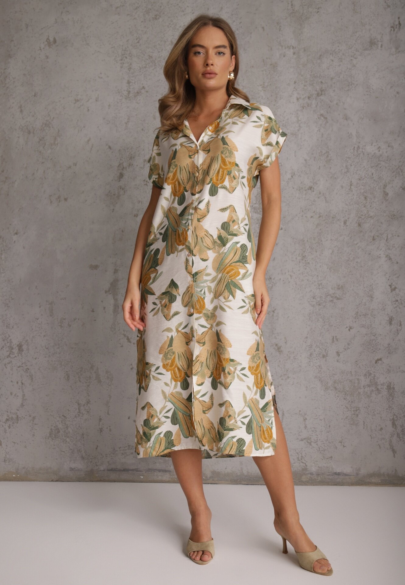 rosa Rochie cu flori din vâscoză croi drept Aedonia Verde