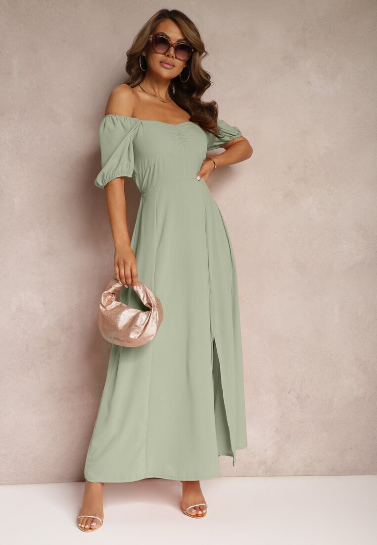 rosa Rochie de seară Verde cu decolteu spaniol și crăpătură Vikiya