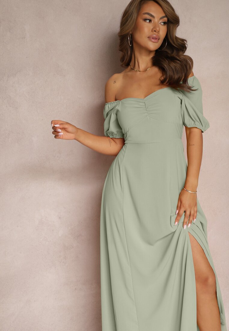 rosa Rochie de seară Verde cu decolteu spaniol și crăpătură Vikiya