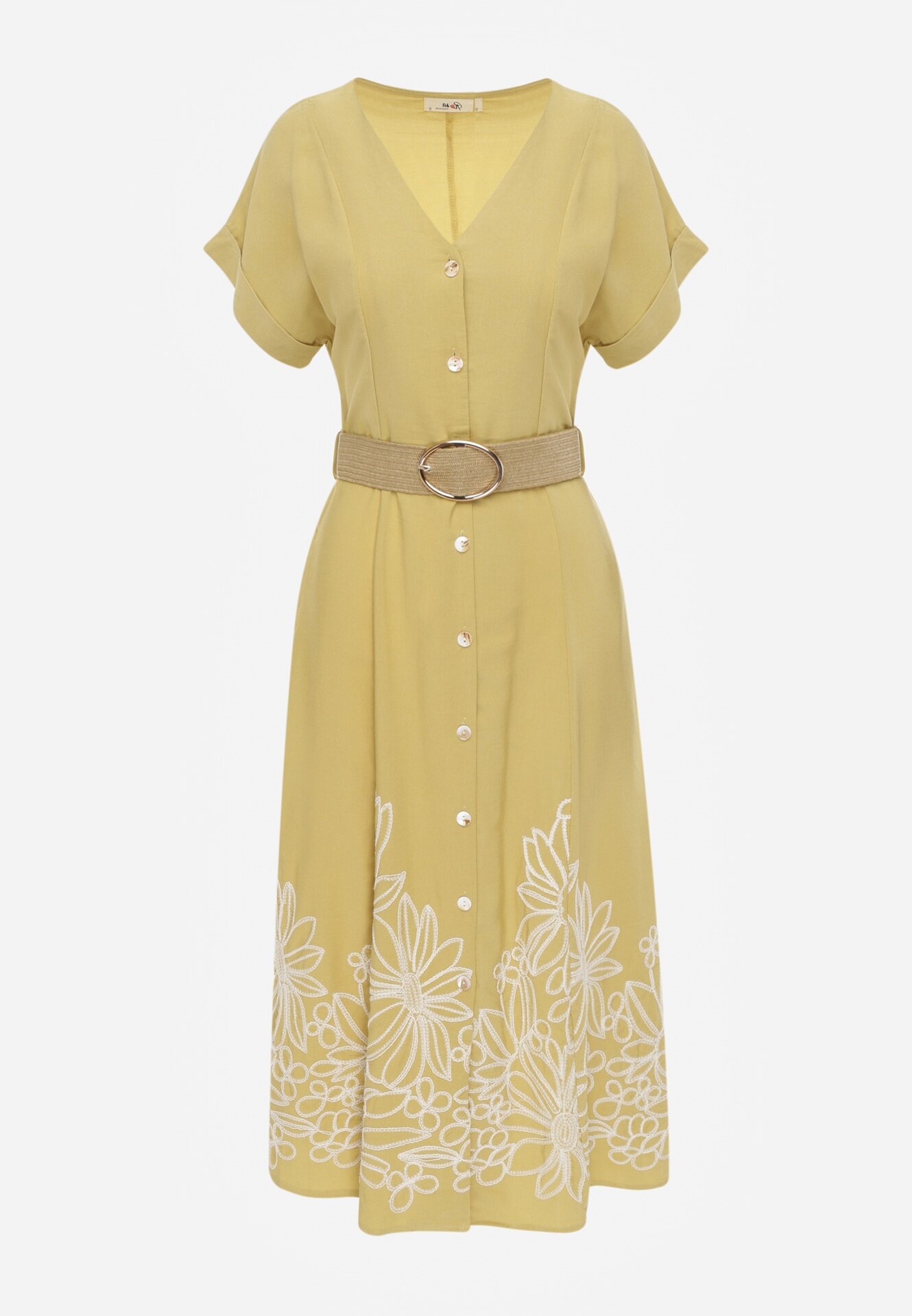 rosa Rochie de vară cu nasturi din vâscoză decorată cu broderie și cu curea împletită Tenope Galbenă