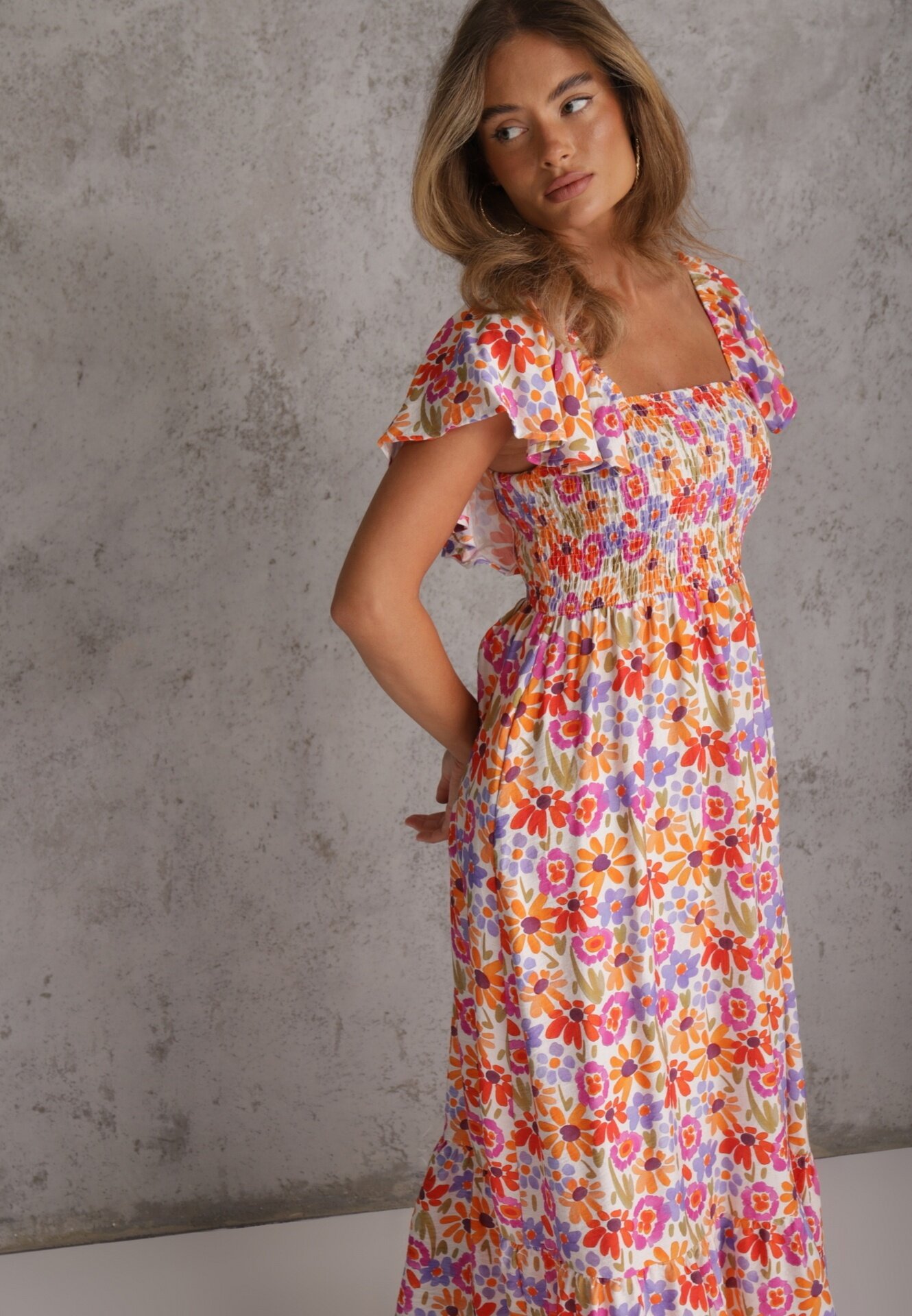 rosa Rochie de vară din viscoză cu model floral decorată cu volane Ompeda Roșie