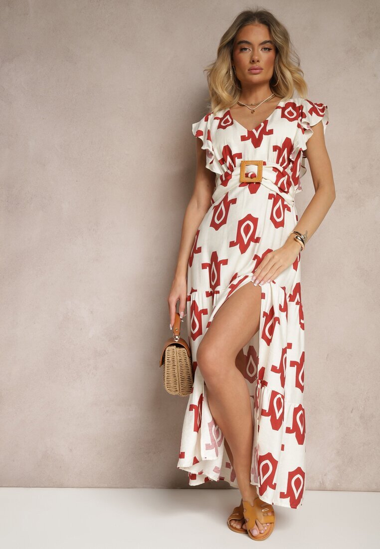 rosa Rochie din viscoză Alb-Roșu cu model geometric cu curea cu cataramă Viriala