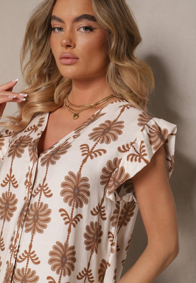 rosa Rochie Evazată Alb-Bej cu Imprimeu Floral din Bumbac Efalithea