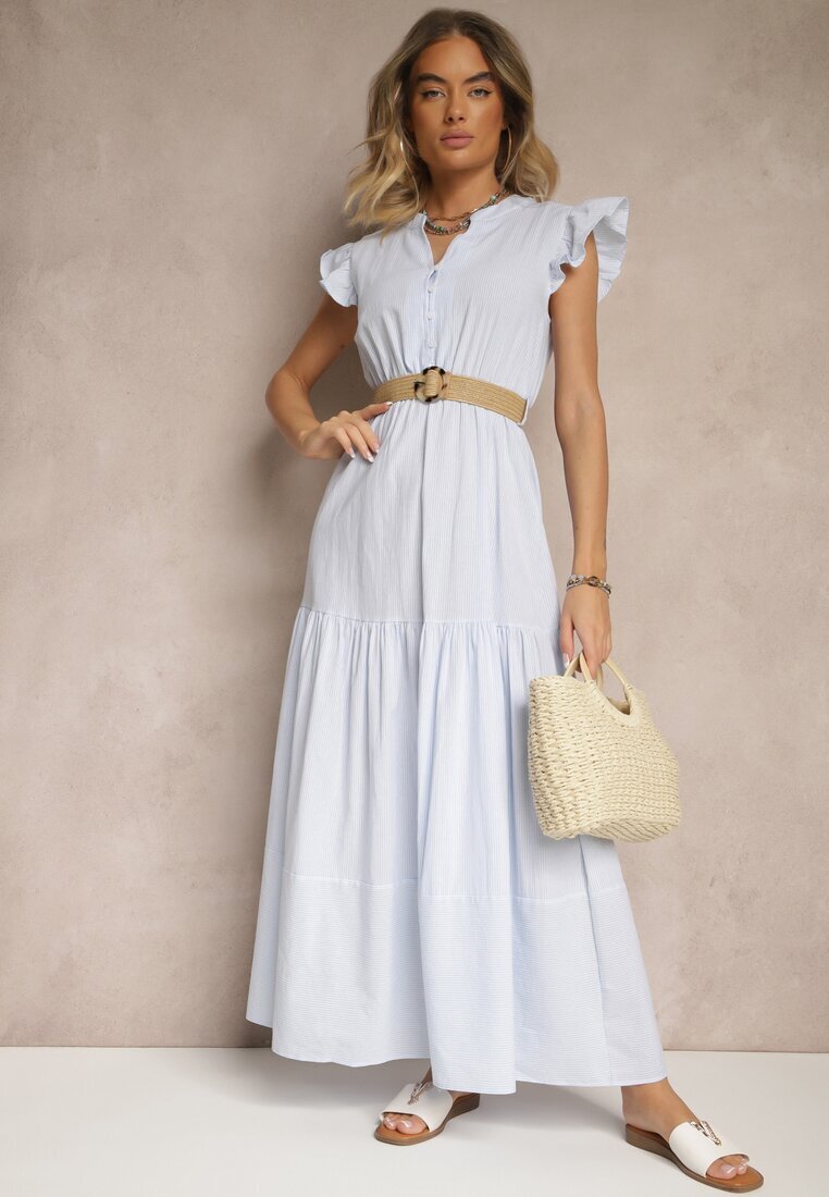 rosa Rochie Evazată Albastră deschisă din Bumbac în stil Boho cu o curea cu cataramă Iffarisa