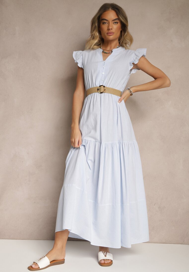 rosa Rochie Evazată Albastră deschisă din Bumbac în stil Boho cu o curea cu cataramă Iffarisa