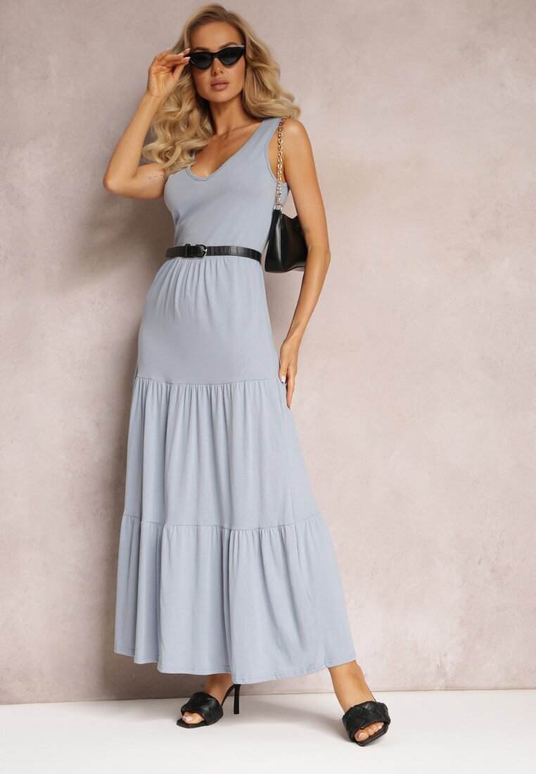 rosa Rochie Evazată Albastră Maxi din Țesătură de Bumbac Galaise