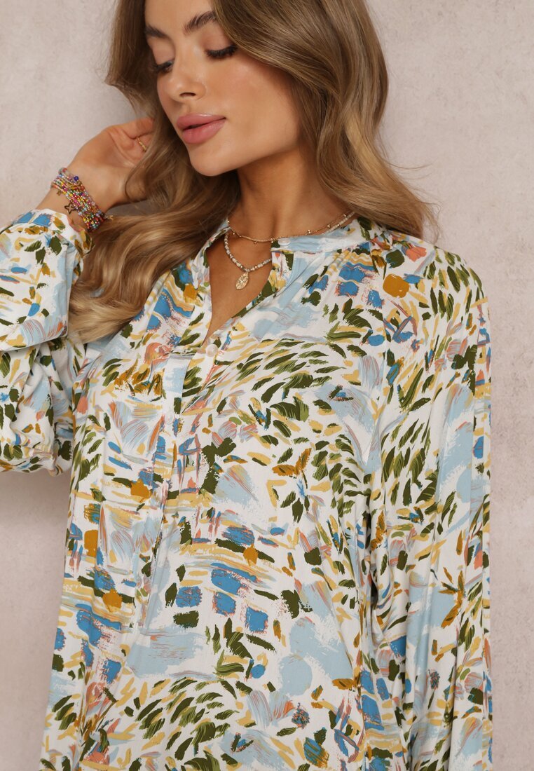 rosa Rochie Evazată Bleu deschis-Verde cu Model Abstract și cu nasturi în partea de sus Skylare