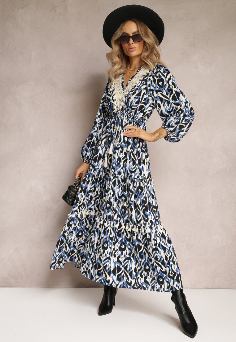 rosa Rochie evazată bleumarin-albastru cu elastic în talie și inserție ajurată Margotta