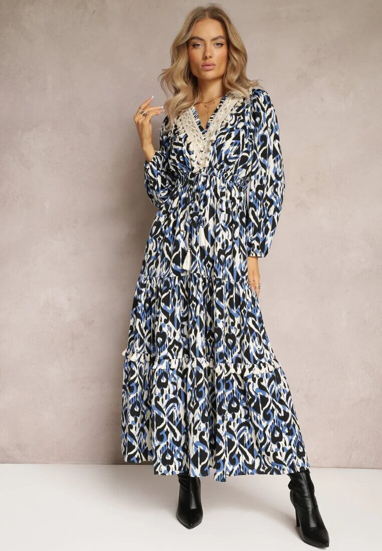 rosa Rochie evazată bleumarin-albastru cu elastic în talie și inserție ajurată Margotta