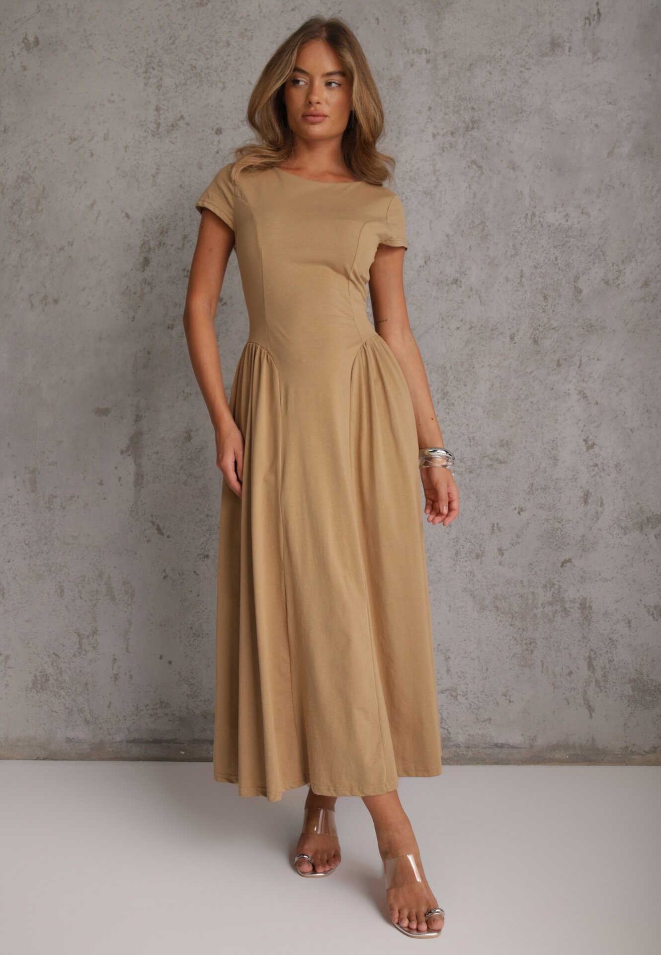 rosa Rochie evazată din vâscoză cu cusături modelatoare Meteia Bej