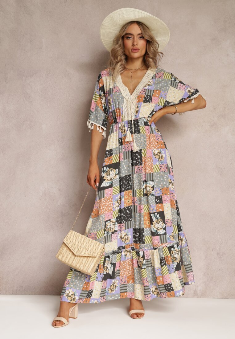 rosa Rochie Evazată Maxi Gri-Neagră cu Volan în Imprimeu Patchwork Fiorella