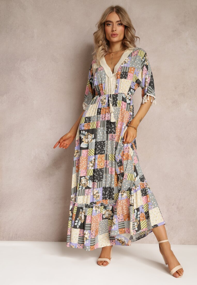 rosa Rochie Evazată Maxi Gri-Neagră cu Volan în Imprimeu Patchwork Fiorella