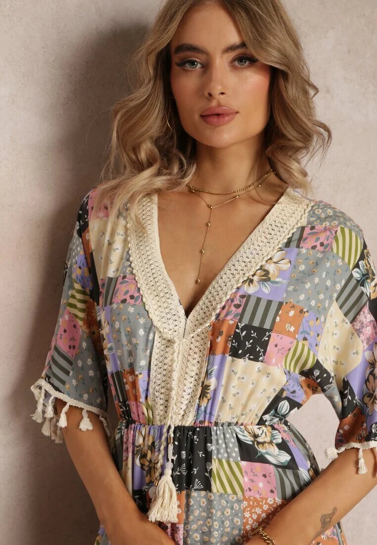 rosa Rochie Evazată Maxi Gri-Neagră cu Volan în Imprimeu Patchwork Fiorella