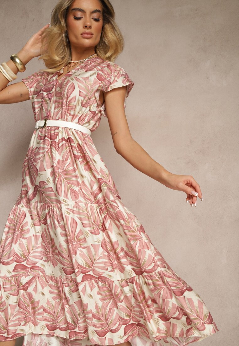 rosa Rochie Evazată Roz închis din Viscoză Decorată cu Imprimeu Floral Galmoi