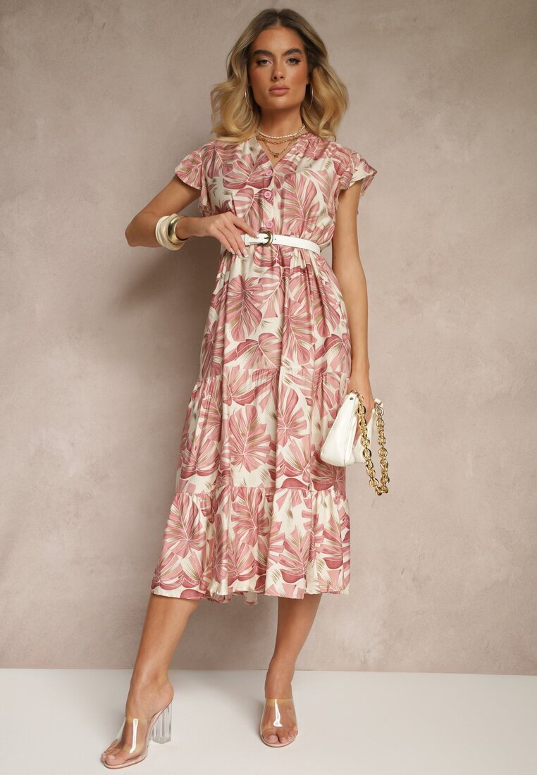 rosa Rochie Evazată Roz închis din Viscoză Decorată cu Imprimeu Floral Galmoi