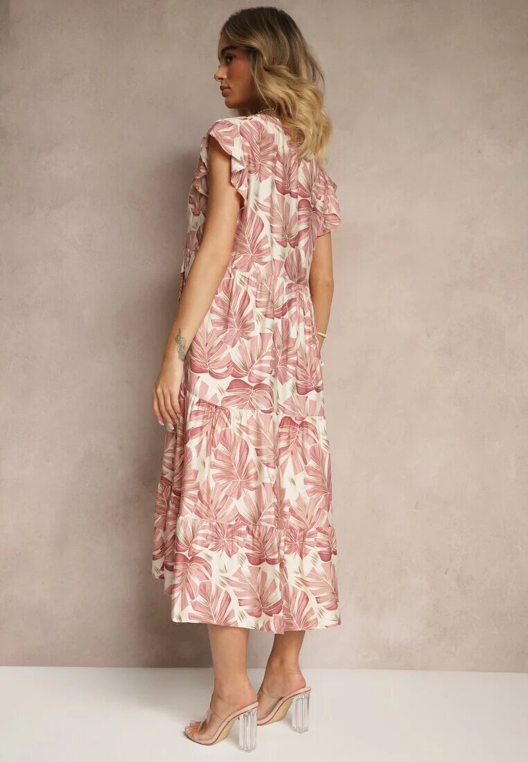rosa Rochie Evazată Roz închis din Viscoză Decorată cu Imprimeu Floral Galmoi