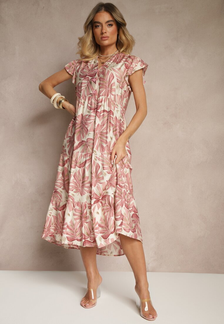 rosa Rochie Evazată Roz închis din Viscoză Decorată cu Imprimeu Floral Galmoi