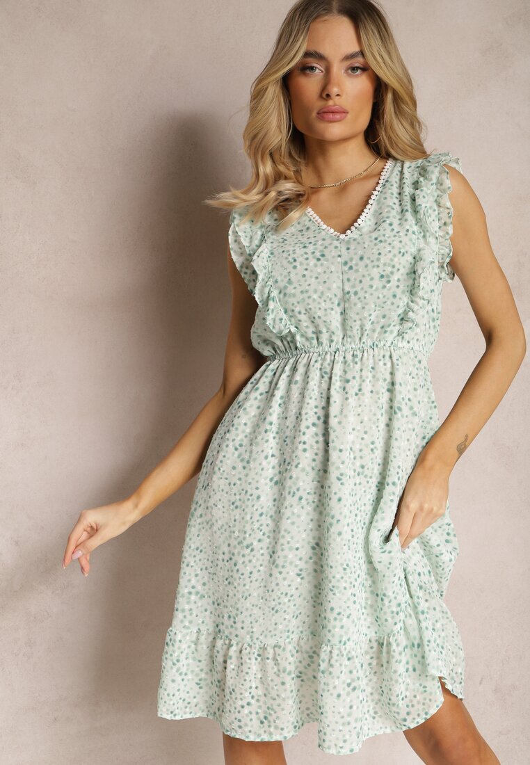 rosa Rochie Evazată Verde cu Elastic în Talie și Volane Ulaia