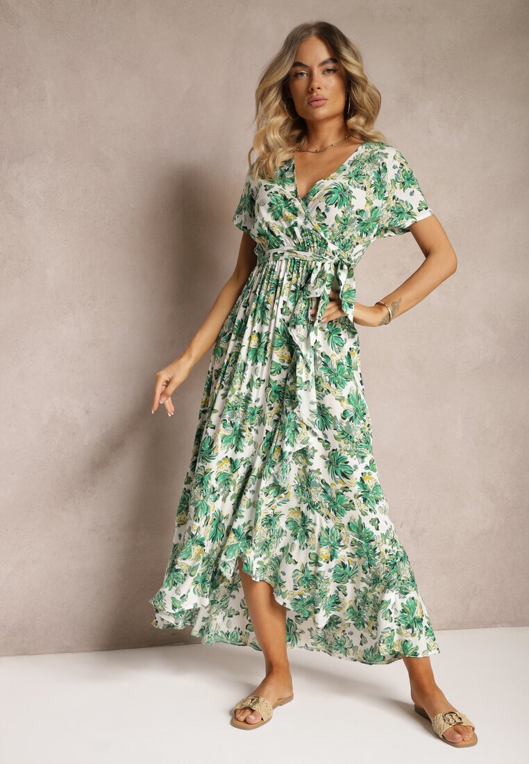 rosa Rochie Evazată Verde din Viscoză cu elastic în talie și cordon din material Vikllia