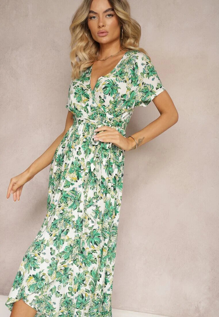 rosa Rochie Evazată Verde din Viscoză cu elastic în talie și cordon din material Vikllia