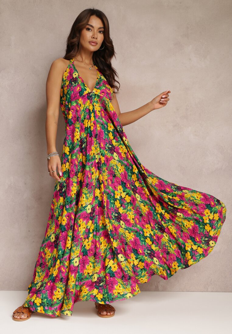 rosa Rochie Florală Galben-Fuchsia Maxi din Vâscoză cu Legătură la Gât și la Spate Lunka