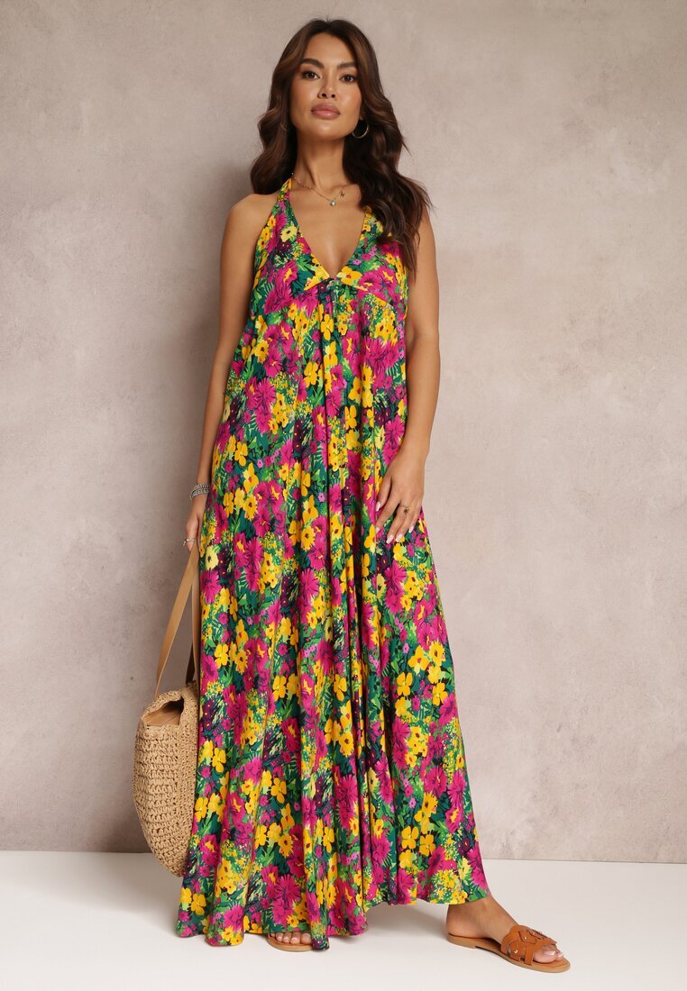 rosa Rochie Florală Galben-Fuchsia Maxi din Vâscoză cu Legătură la Gât și la Spate Lunka
