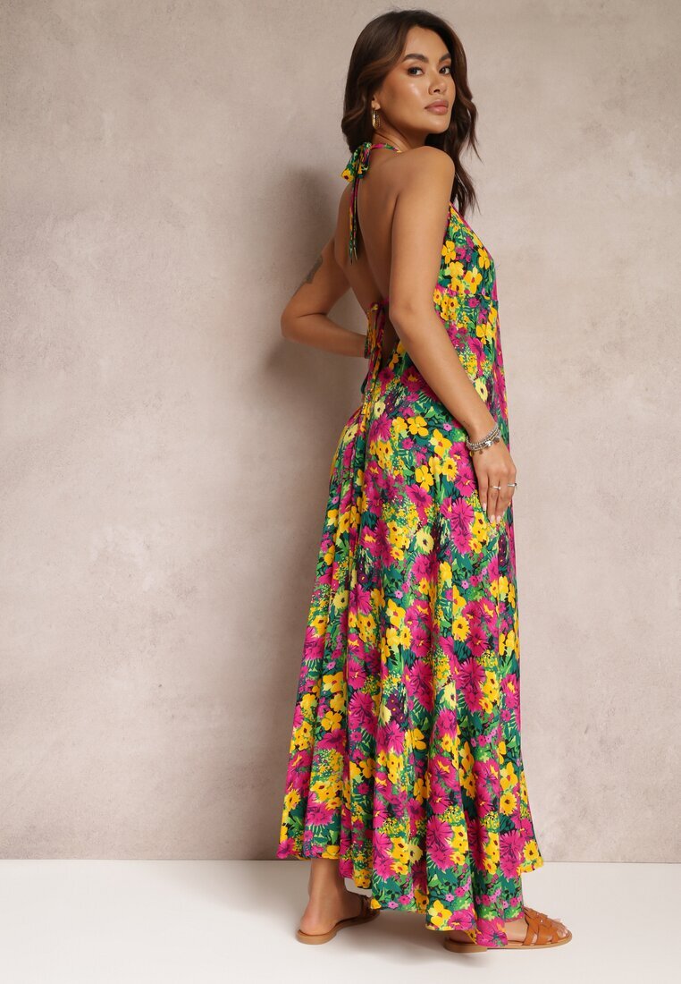 rosa Rochie Florală Galben-Fuchsia Maxi din Vâscoză cu Legătură la Gât și la Spate Lunka
