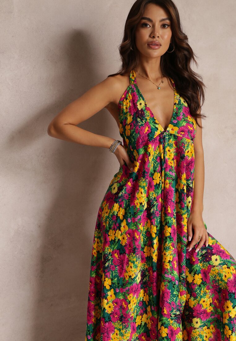 rosa Rochie Florală Galben-Fuchsia Maxi din Vâscoză cu Legătură la Gât și la Spate Lunka