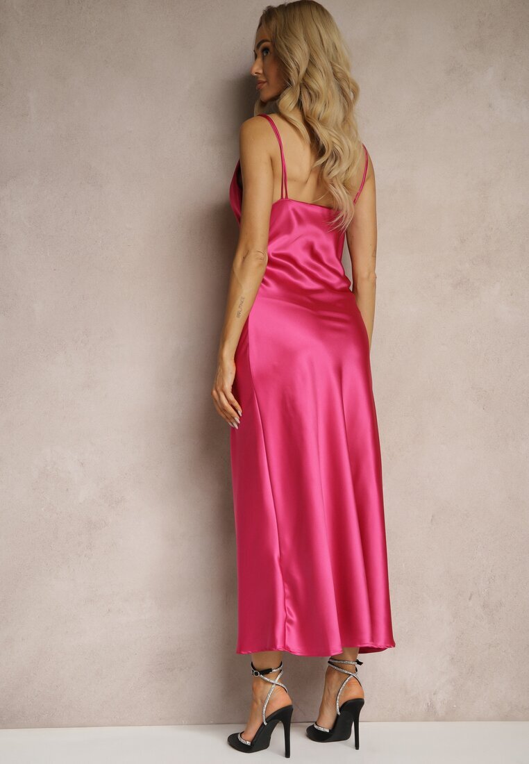 rosa Rochie Fucsia de satin decorată cu zirconii și decolteu fluid Mesalttia