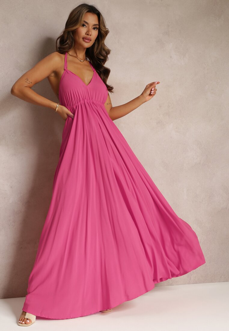 rosa Rochie Fucsia Evazată de Bumbac cu Legătură la Gât Panethea