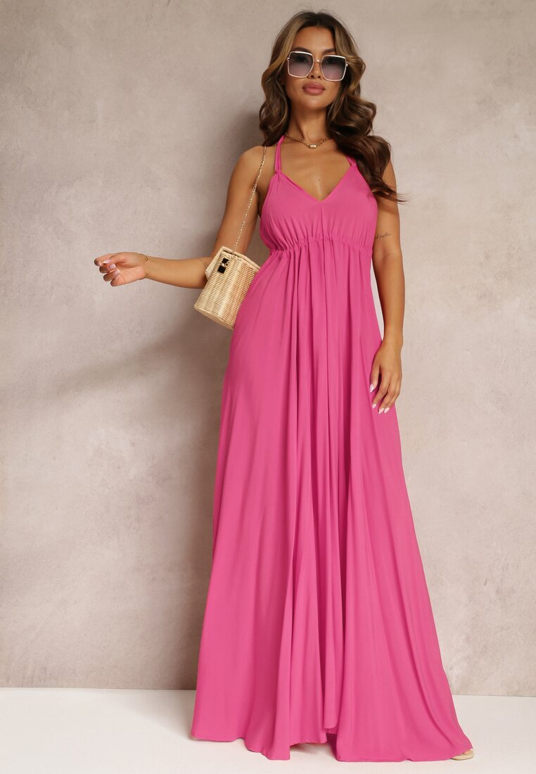 rosa Rochie Fucsia Evazată de Bumbac cu Legătură la Gât Panethea