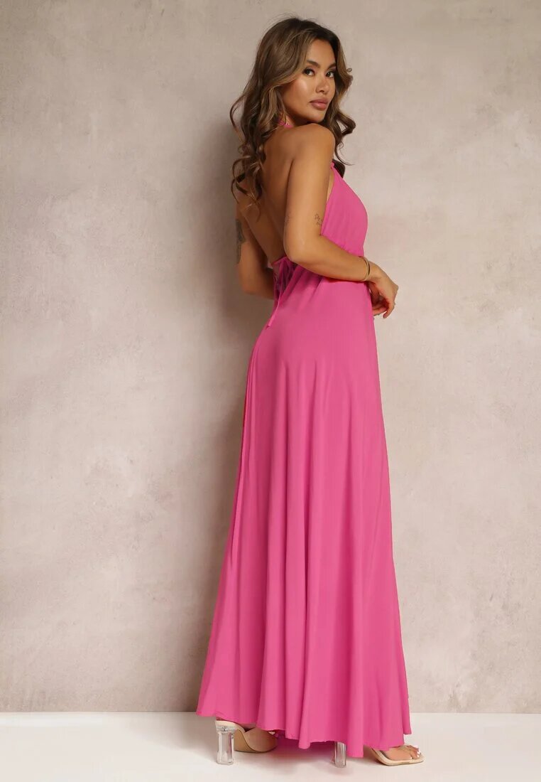 rosa Rochie Fucsia Evazată de Bumbac cu Legătură la Gât Panethea