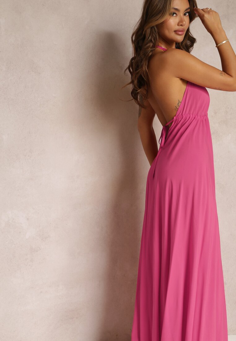 rosa Rochie Fucsia Evazată de Bumbac cu Legătură la Gât Panethea