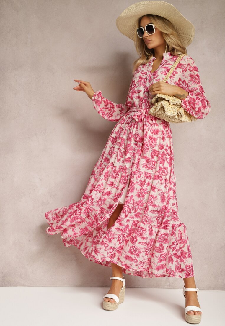 rosa Rochie Fucsia Florală Maxi cu Volane și Cordon din Material Textil Ayvie