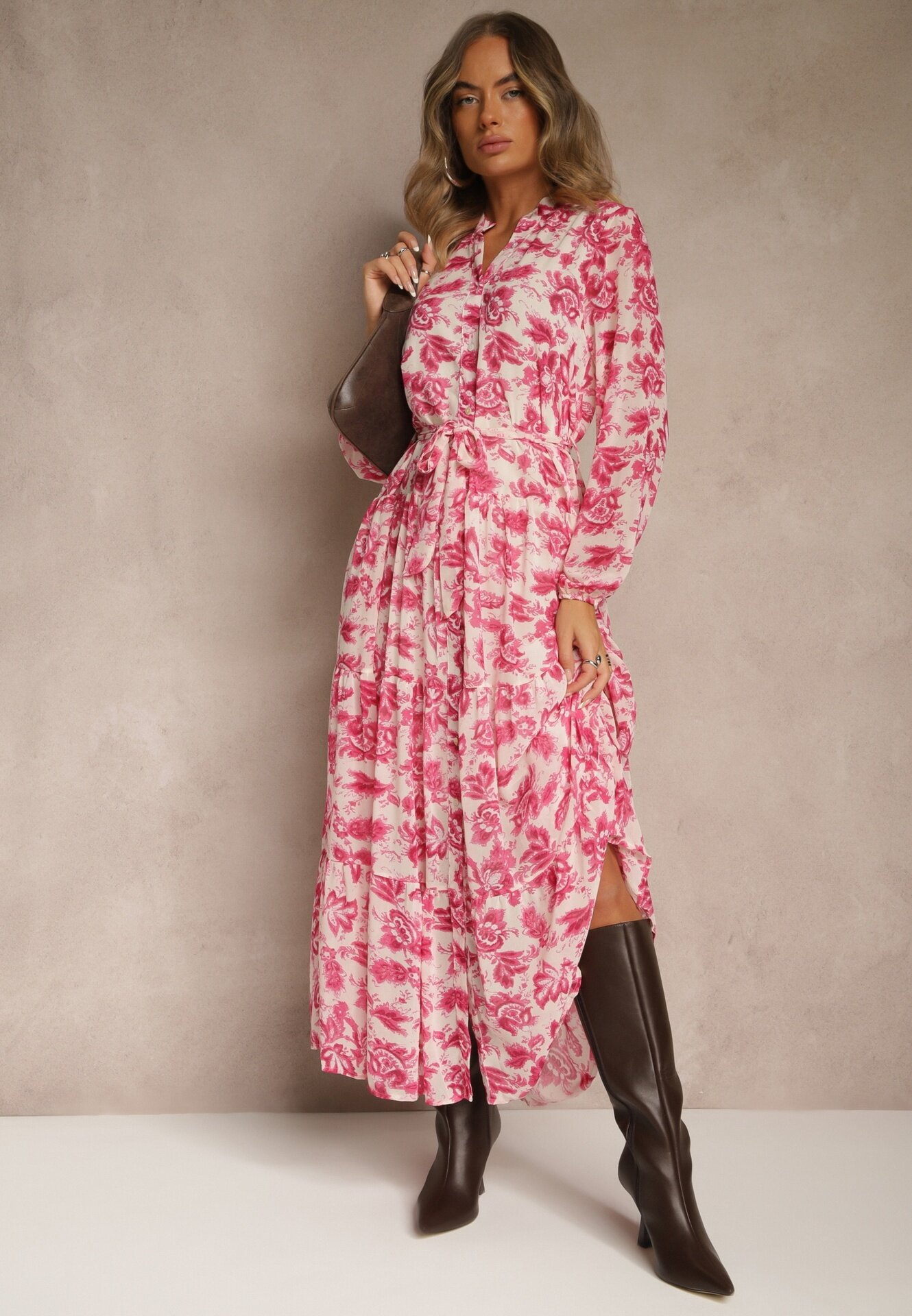 rosa Rochie Fucsia Florală Maxi cu Volane și Cordon din Material Textil Ayvie