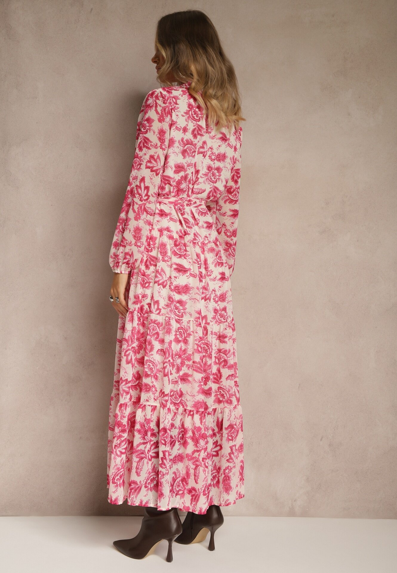 rosa Rochie Fucsia Florală Maxi cu Volane și Cordon din Material Textil Ayvie
