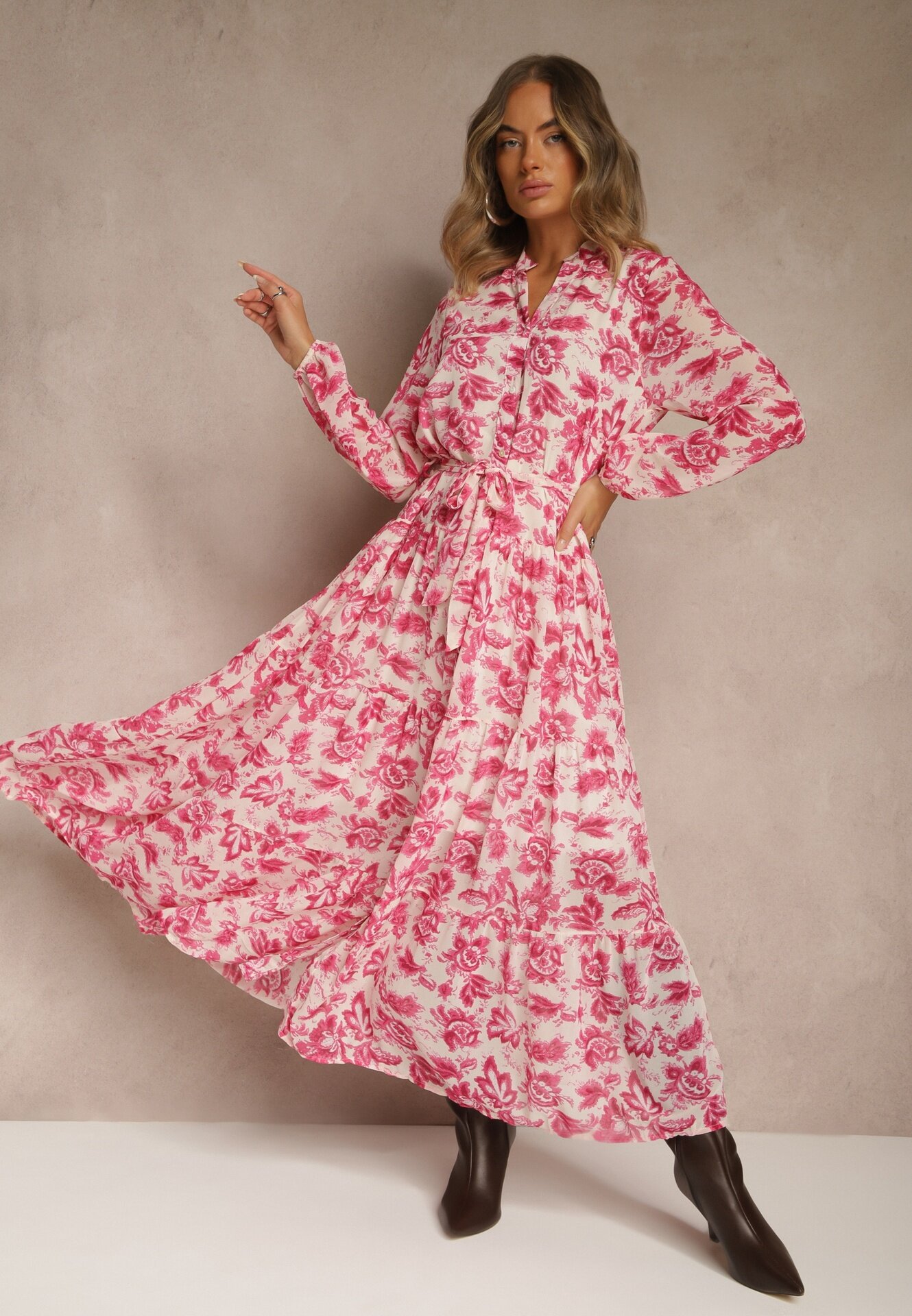rosa Rochie Fucsia Florală Maxi cu Volane și Cordon din Material Textil Ayvie