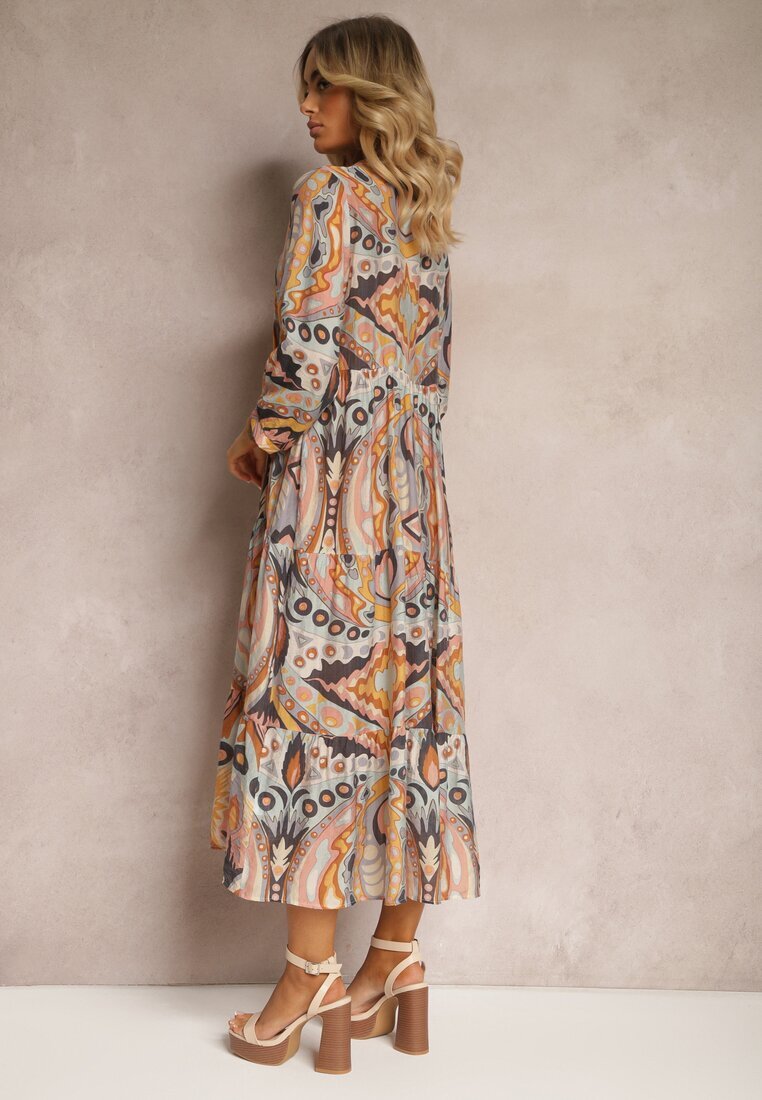 rosa Rochie Galben-Maro cu croială evazată cu mâneci 3/4 cu legătură la gât Cinia