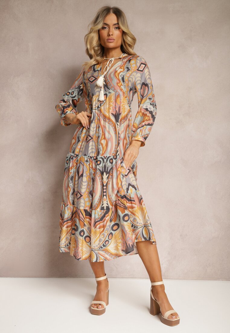 rosa Rochie Galben-Maro cu croială evazată cu mâneci 3/4 cu legătură la gât Cinia