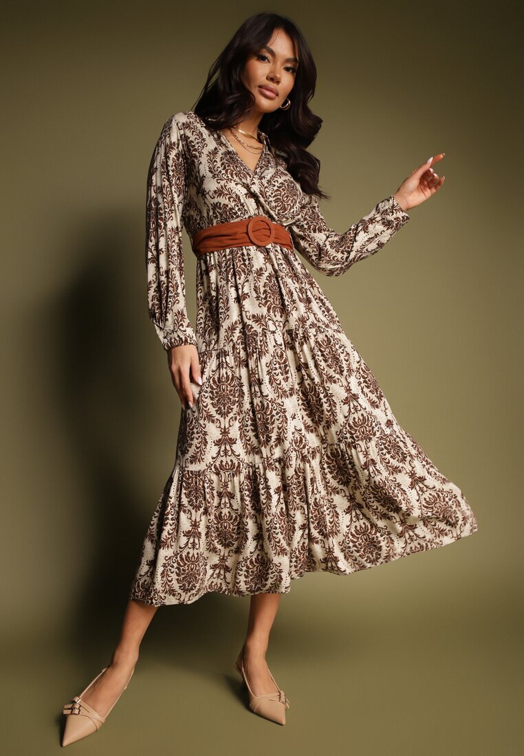 rosa Rochie Maro cu Decolteu Petrecut din Viscoză cu Motiv Boho și Curea Rinnaria