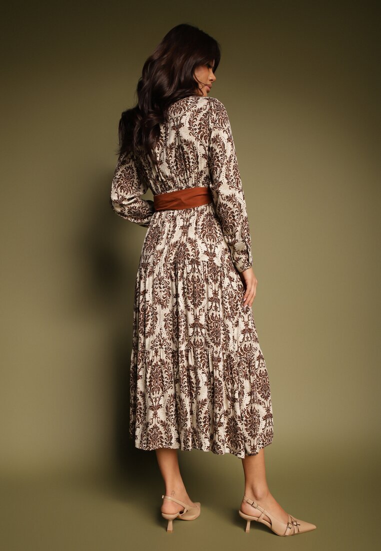 rosa Rochie Maro cu Decolteu Petrecut din Viscoză cu Motiv Boho și Curea Rinnaria