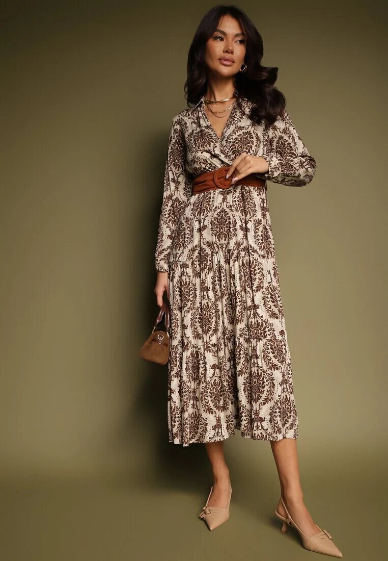 rosa Rochie Maro cu Decolteu Petrecut din Viscoză cu Motiv Boho și Curea Rinnaria