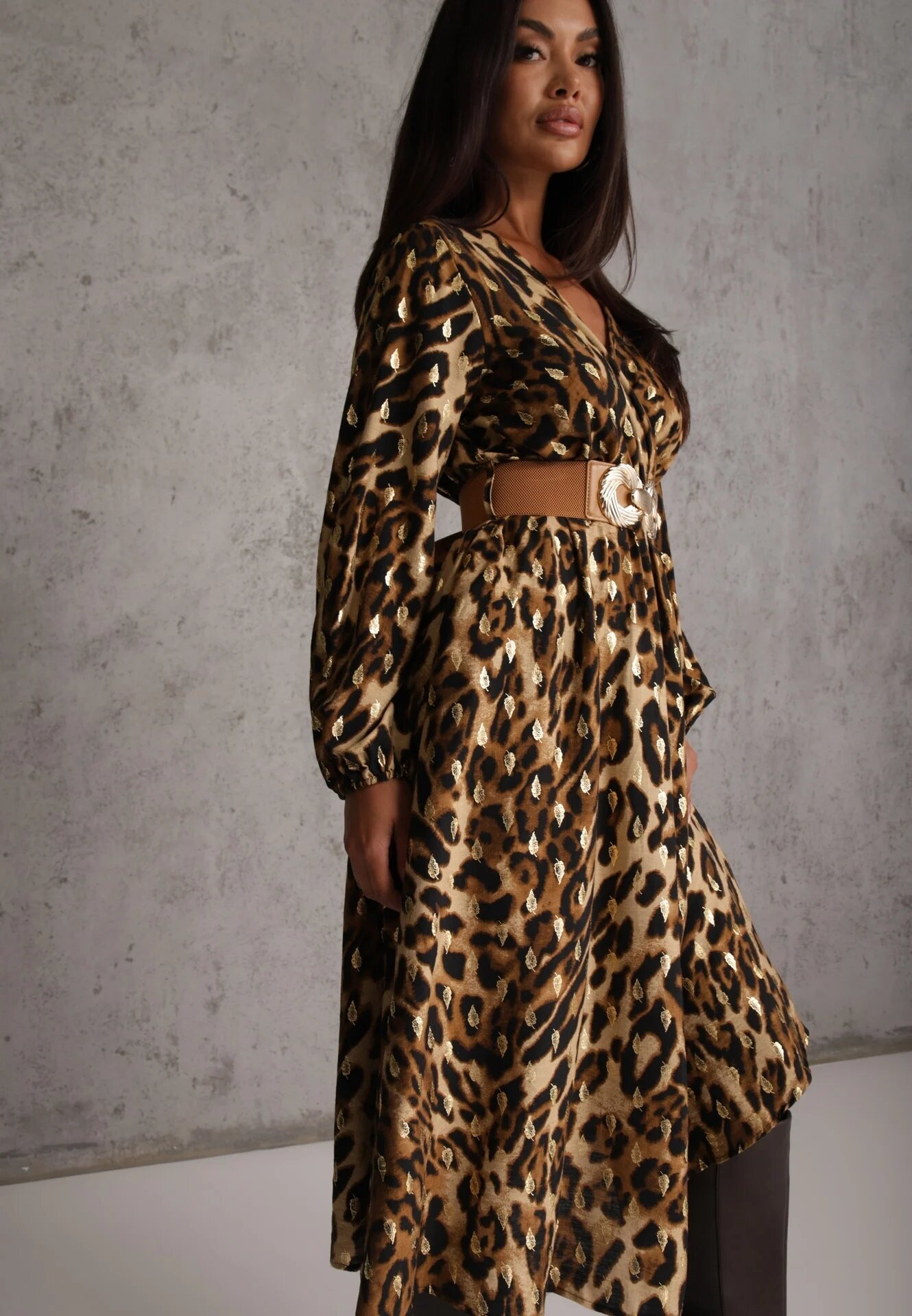 rosa Rochie Maro din Viscoză cu croi petrecut cu curea și elastic în talie cu imprimeu leopard Hannira
