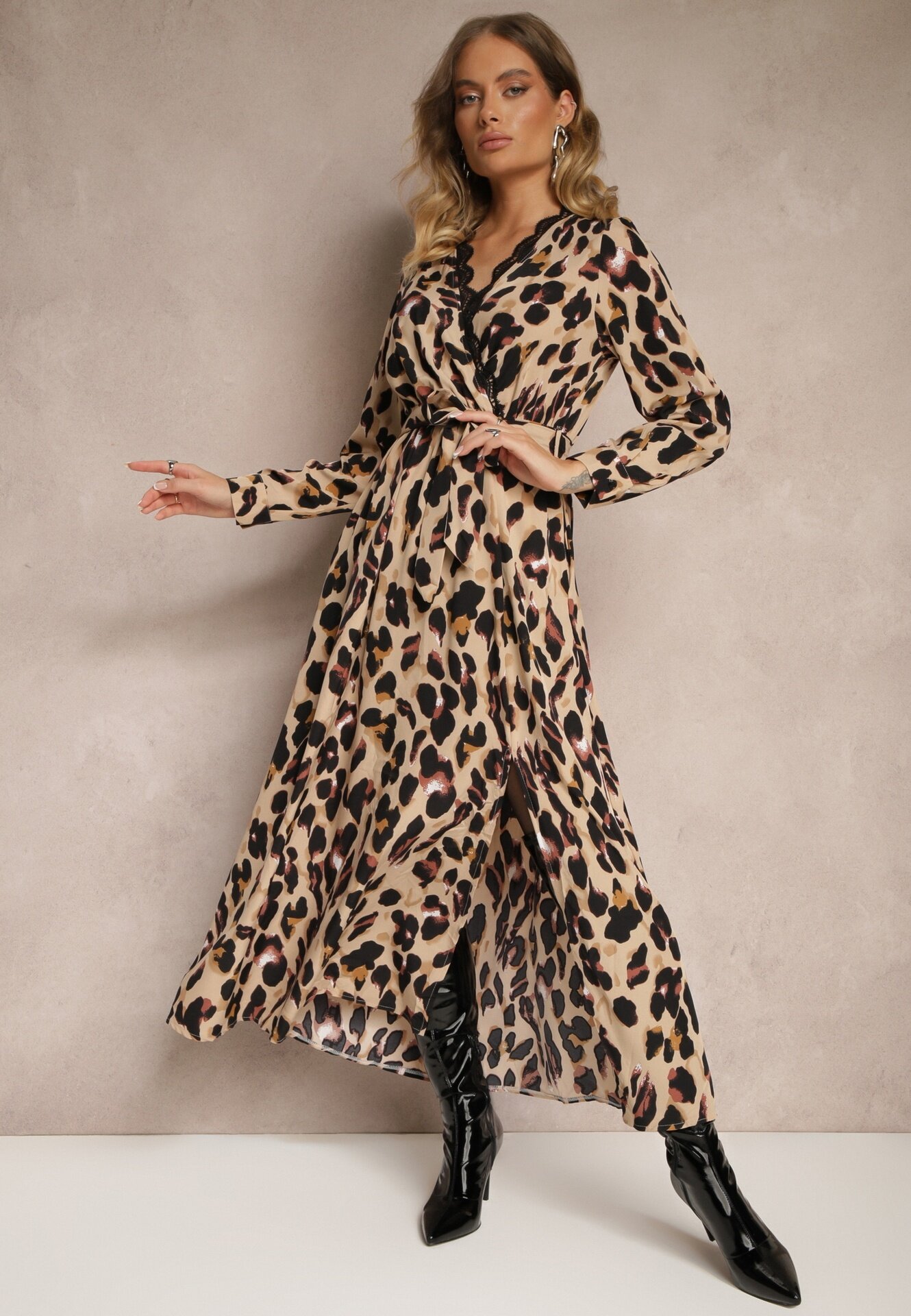 rosa Rochie maro leopard cu decolteu petrecut dantelă curea și elastic în talie Siavindra