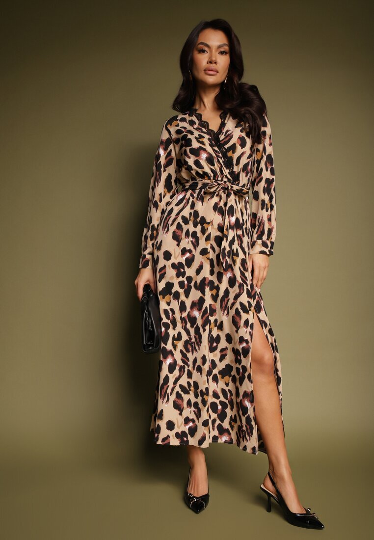 rosa Rochie maro leopard cu decolteu petrecut dantelă curea și elastic în talie Siavindra