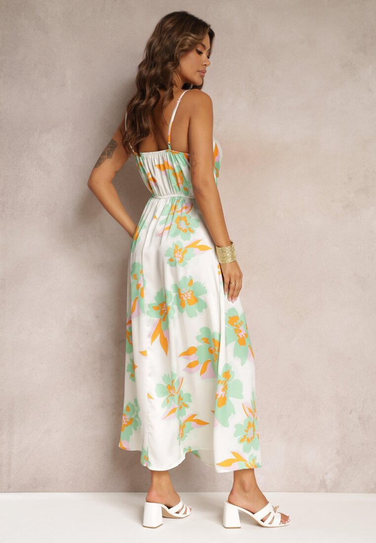 rosa Rochie Maxi Alb-Verde cu Decupaj la Burtă și Elastic în Talie Rlice