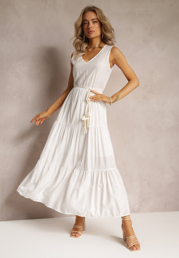 rosa Rochie Maxi Albă cu croială evazată cu șnur decorativ și decolteu triunghiular Zornitsa