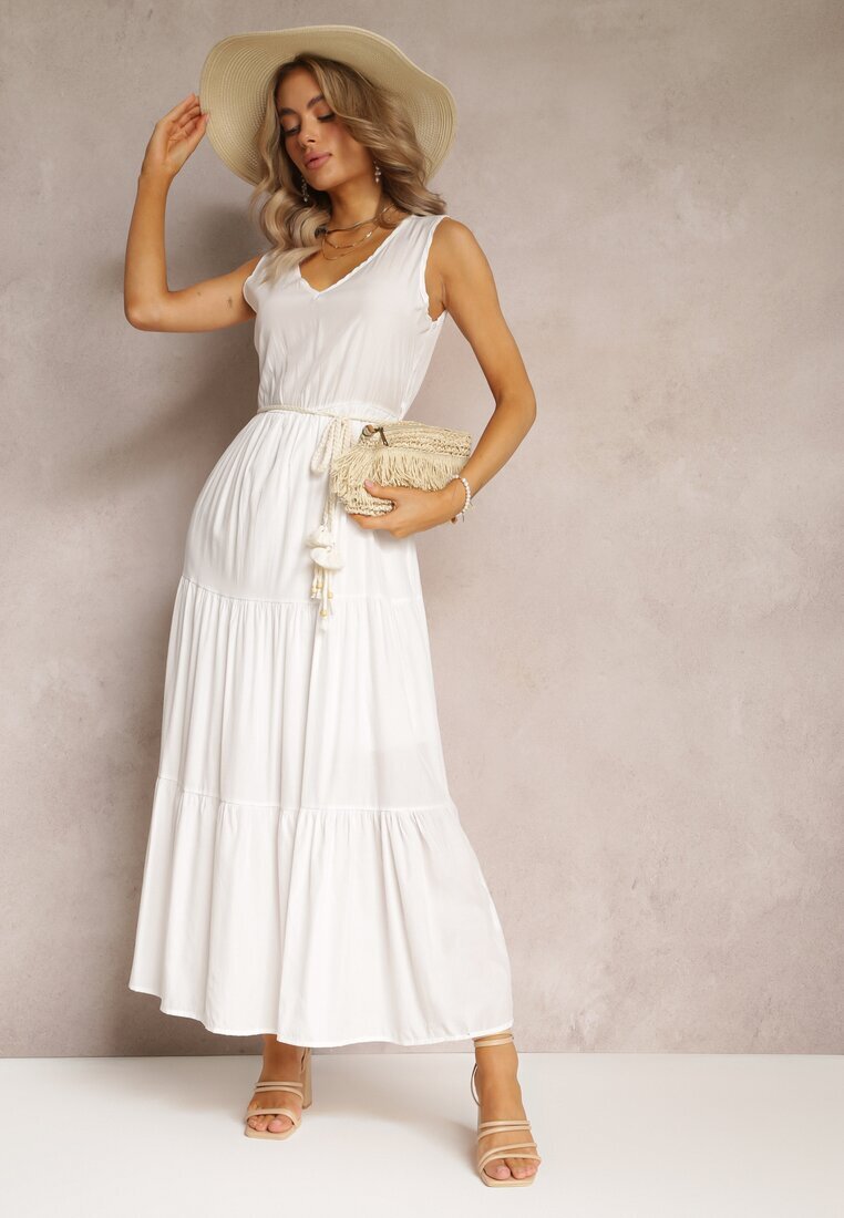 rosa Rochie Maxi Albă cu croială evazată cu șnur decorativ și decolteu triunghiular Zornitsa